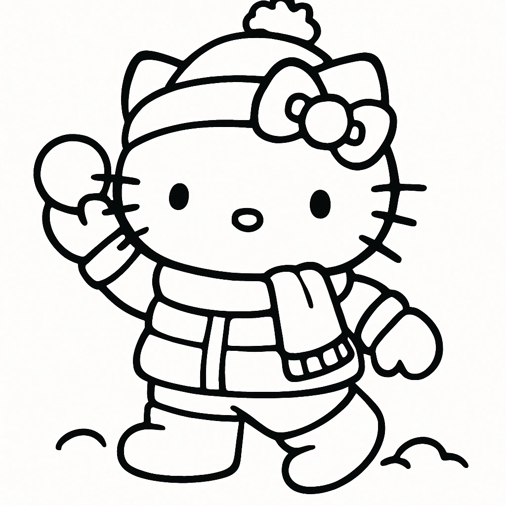 Hello Kitty dressed for a winter snowball fight